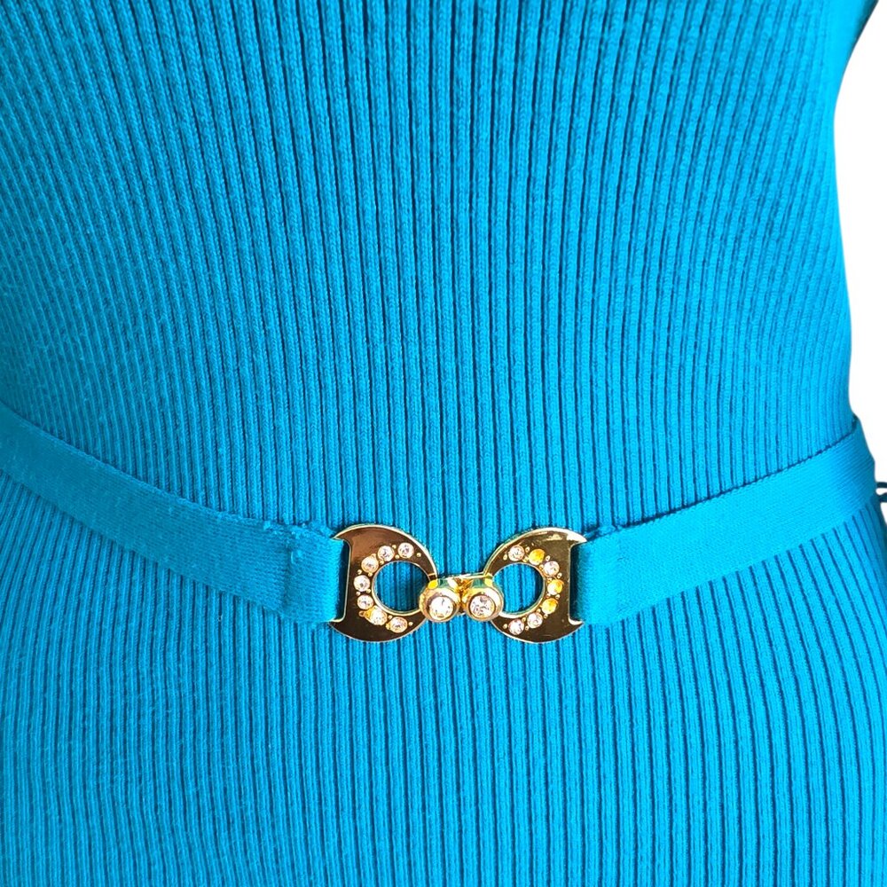 LONG SLEEVED TEAL BELTED SWEATER TOP SIZE SMALL - Picture 4 of 8